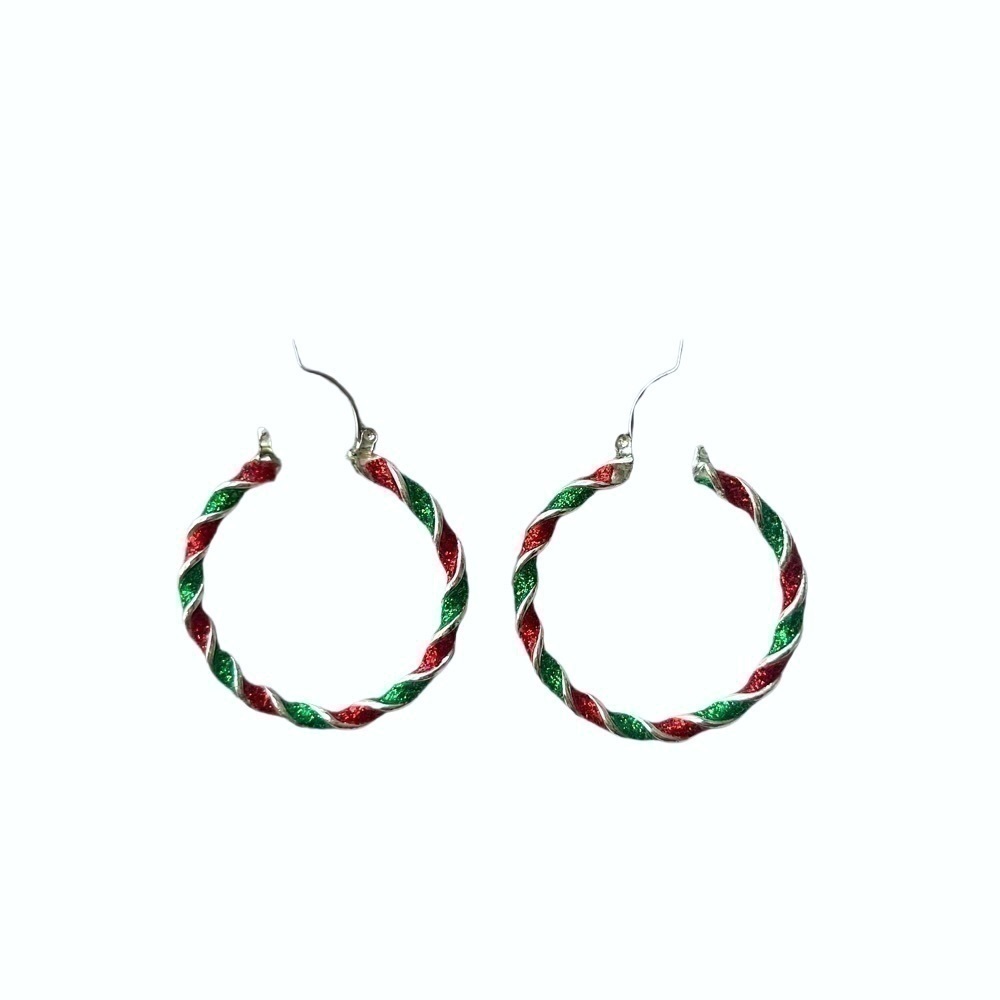 VINTAGE CANDY CANE CHRISTMAS HOOP EARRINGS RED AND GREEN